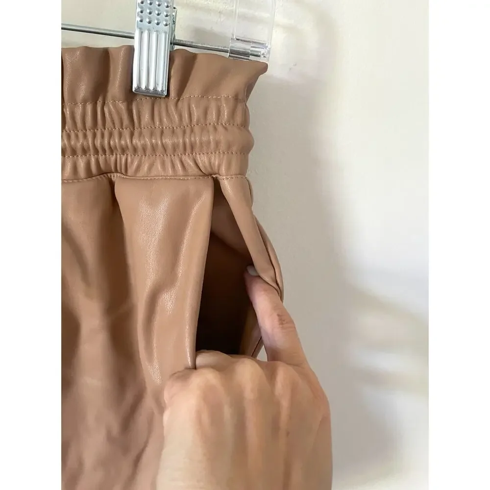 Olivaceous Faux Vegan Leather Elastic Waist Shorts Tan Size Medium NEW